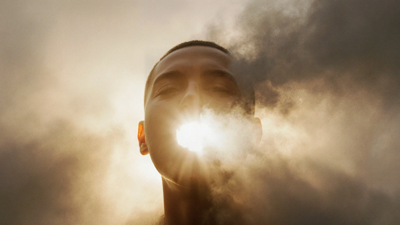 Osoba se usmívá bez strachu, světlo vycházející z úst symbolizuje sebevědomí.