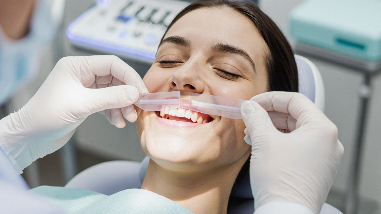 Zubní lékař provádí bělení zubů pacientovi v klinice s ochrannými štíty.