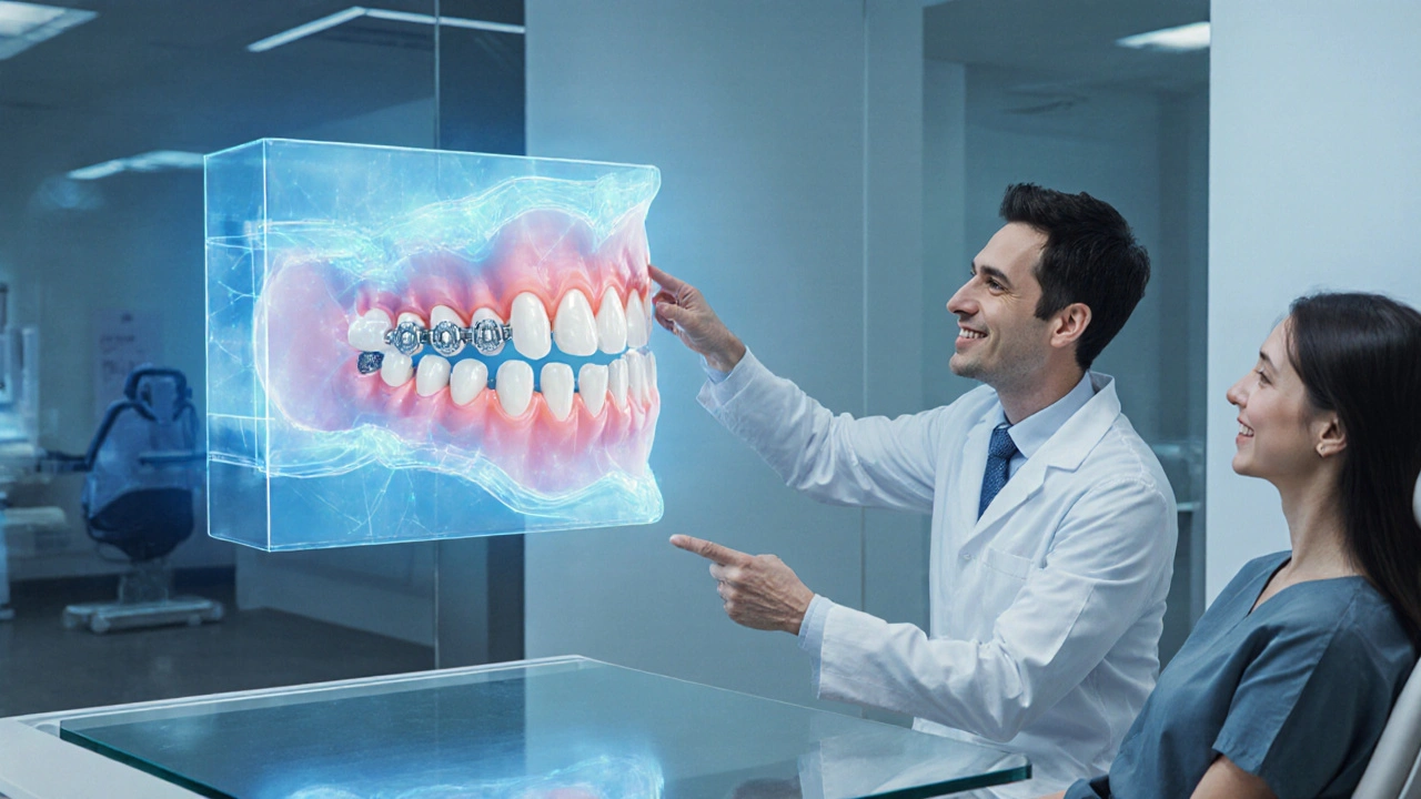 Dentista představuje hologram čelisti s aparátem, korunkou a implantátem.
