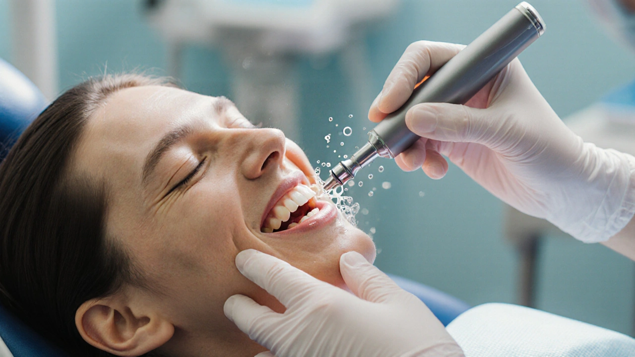 Hygienistka čistí zubní kámen u pacienta ultrazvukovým nástrojem.