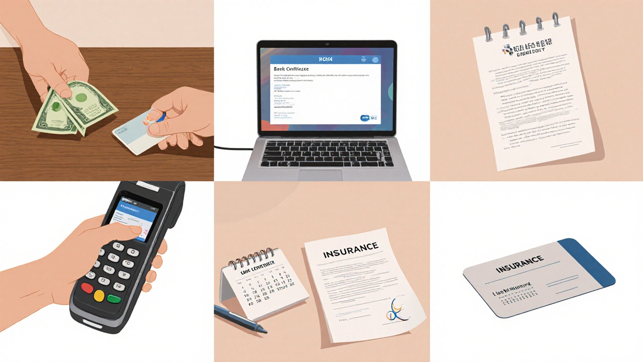 Ilustrace šesti platebních metod: hotovost, karta, převod, úvěr, pojištění.