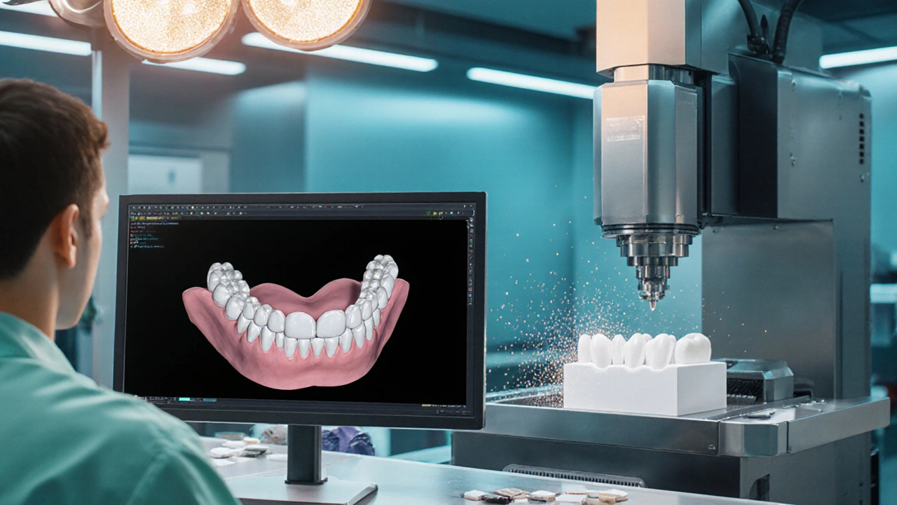 Laboratoř: technik používá CAD/CAM a frézku k výrobě zirkonové korunky z oxidového materiálu.