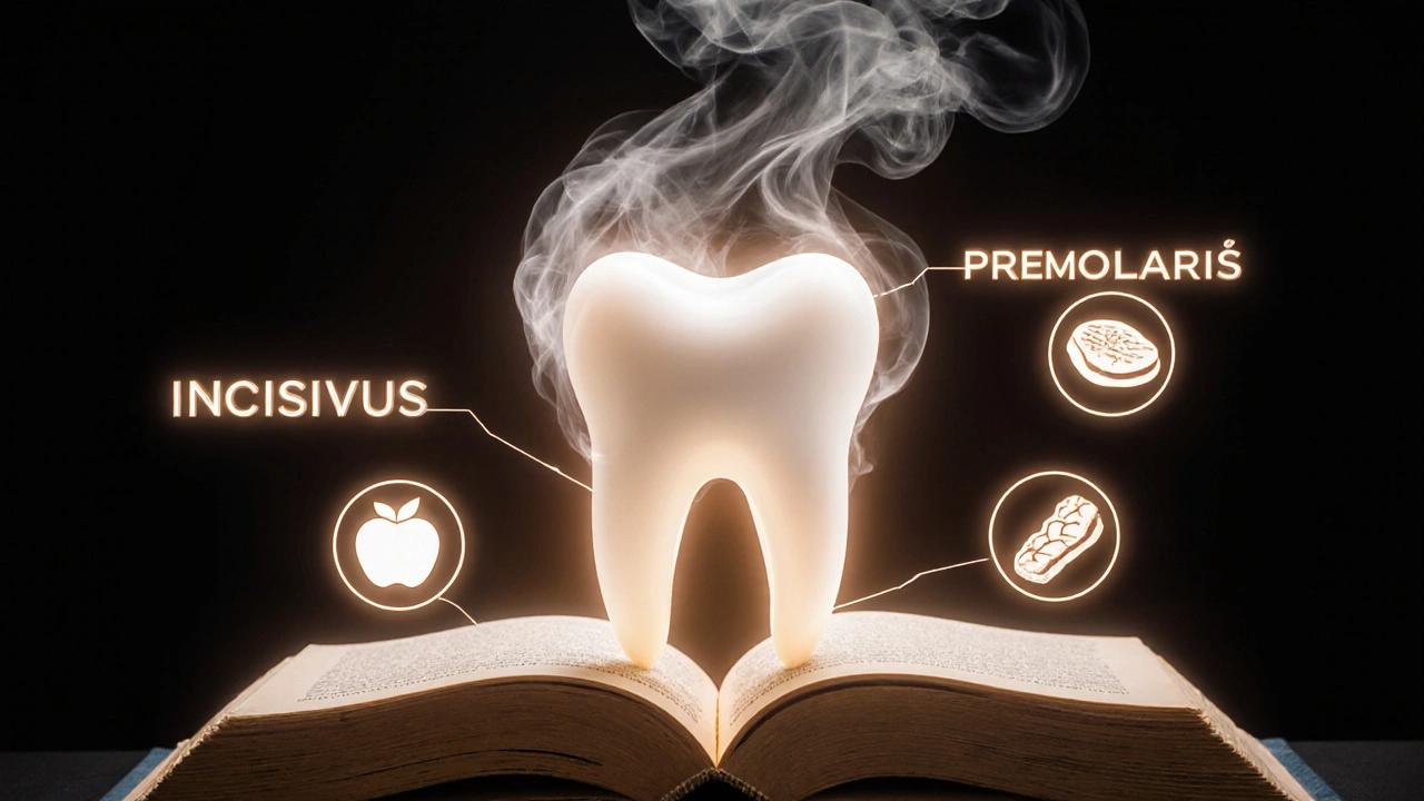 Lidská lebka z knihy s latinskými názvy zubů a symboly potravy.