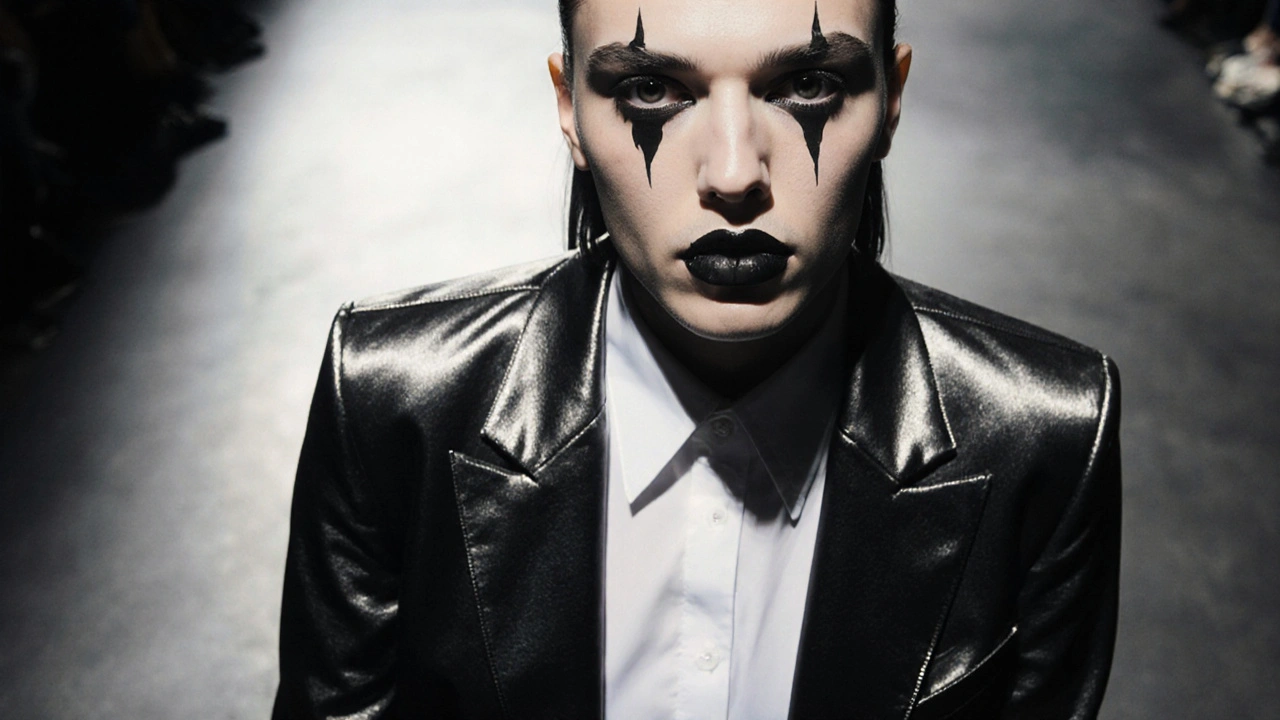 Model s černým pigmentem na špičkách zubů, dramatické osvětlení a edgy módní outfit.