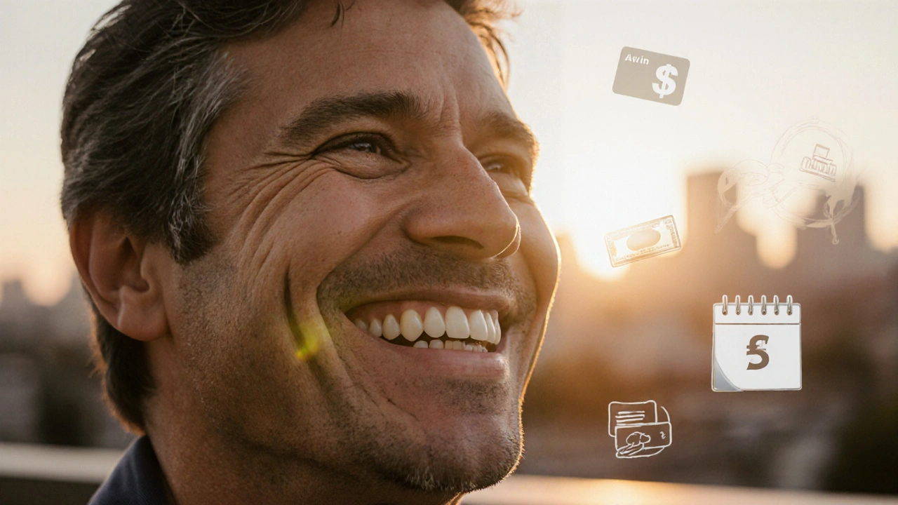 Osoba s novými fazetami usmívá se na slunném městském balkónu.