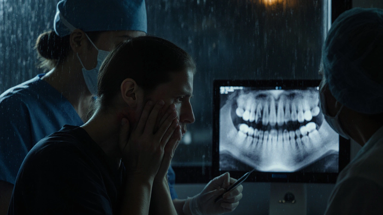 Pacient drží opuchlou tvář v noci v zubní pohotovosti s rentgenem na pozadí.