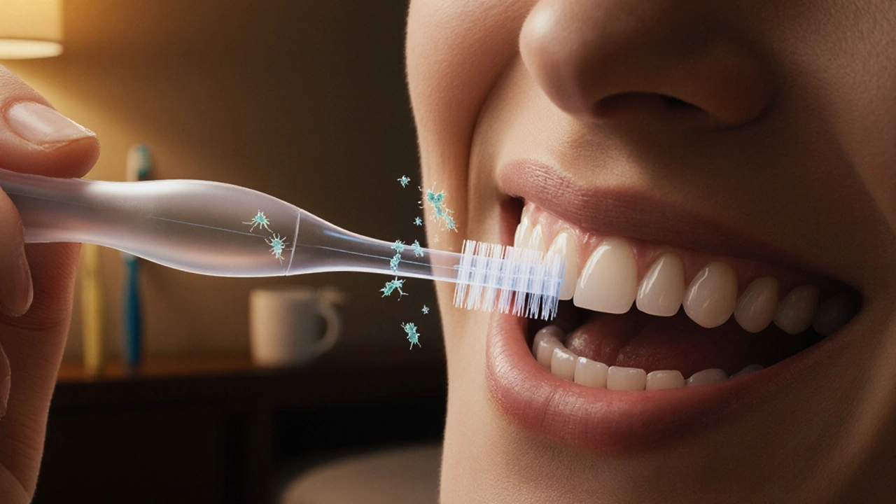 Ruka vkládá jemný mezizubní kartáček mezi zuby, viditelně odstraňuje plak.