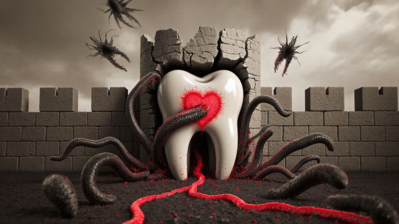 Symbolická scéna infekce zubu jako útoku na kostní hradbu s bakteriemi a krví.
