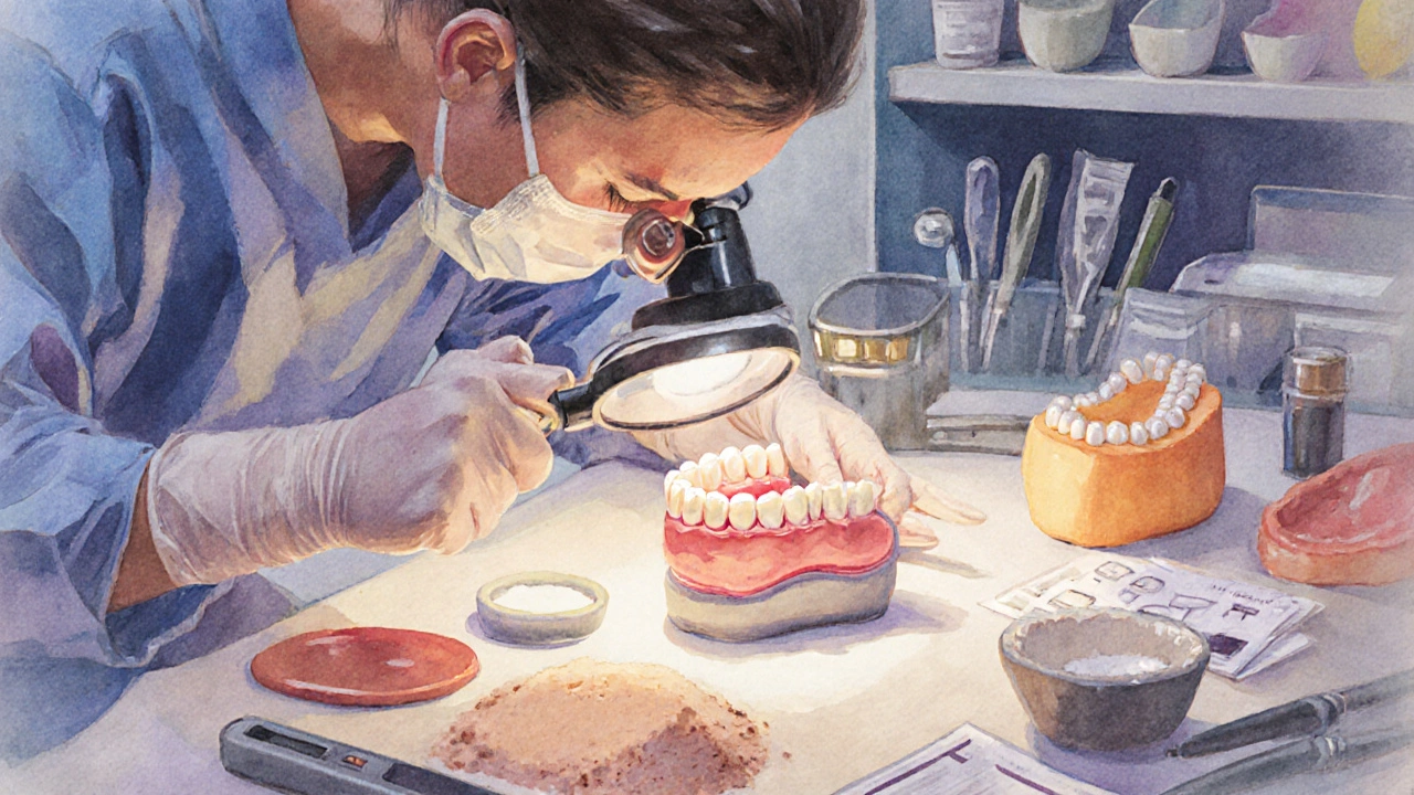 Technik v zubní laboratoři vyrábí keramický zubní můstek pod lůžkovou lámou.