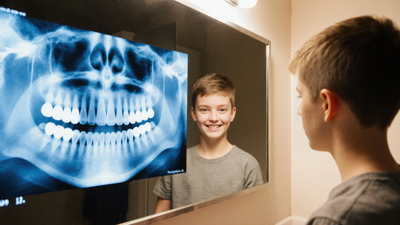 Teenager se dívá do zrcadla, v odrazu je vidět rentgenové zobrazení vyrůstajících druhých molárů.