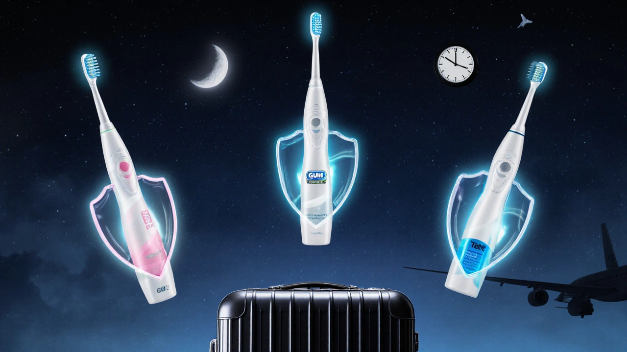 Tři typy mezizubních kartáčků ve vzduchu symbolizují ideální řešení pro cestování.