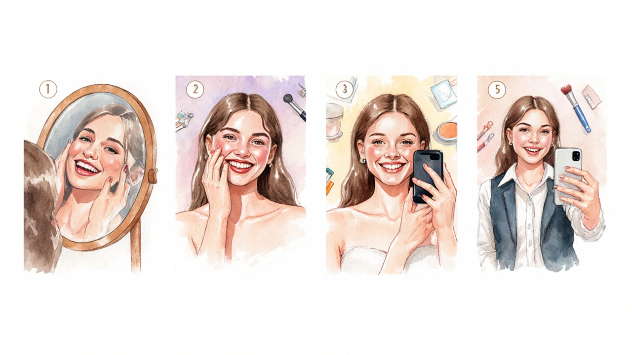 Vodová ilustrace čtyř panelů ukazující péči o úsměv a branding s mezrou mezi zuby.
