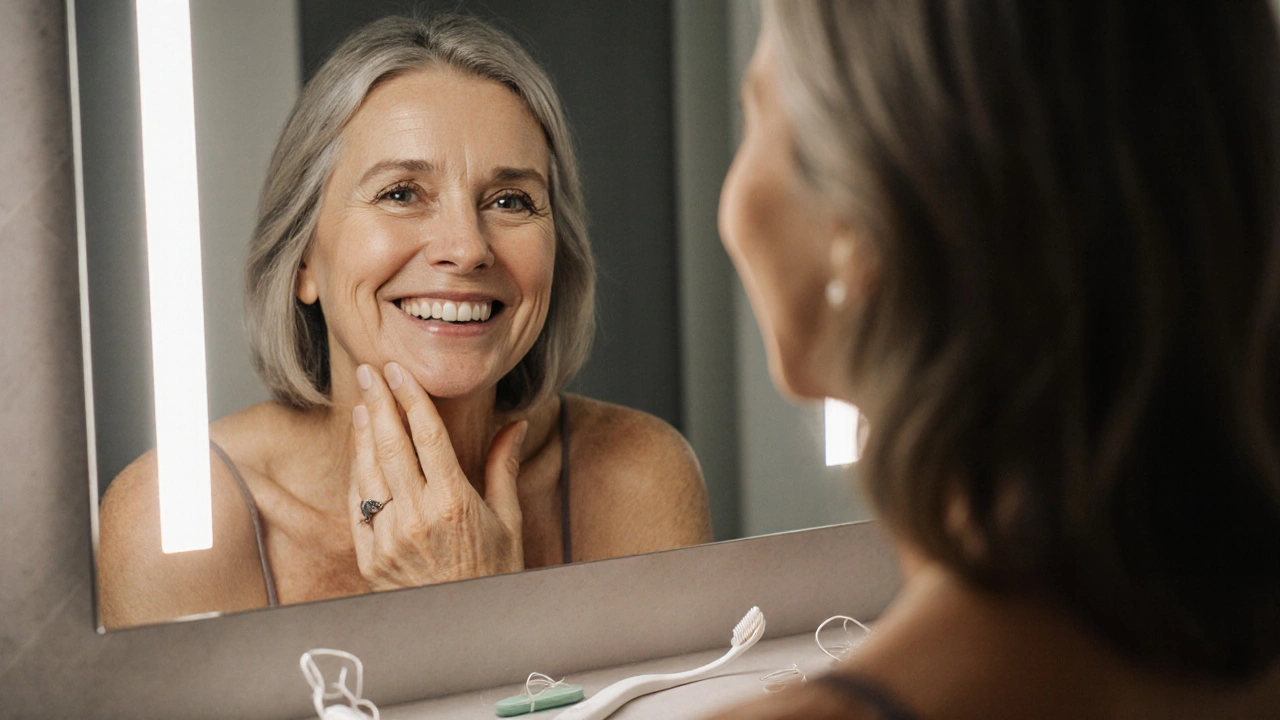 Woman smiling in front of a mirror, showing a natural-looking dental bridge replacing a missing tooth.