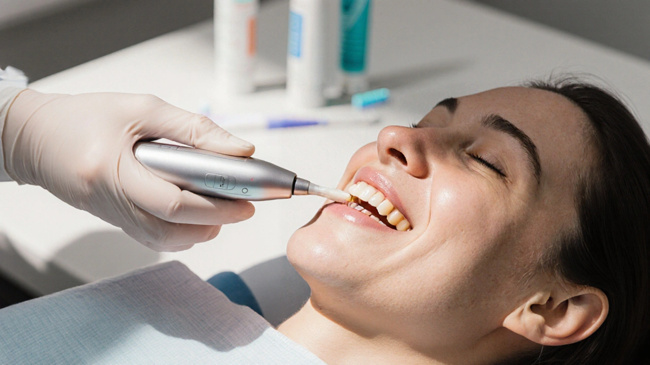 Zubař aplikuje fluoridový gel a připravuje laser v moderní ordinaci.