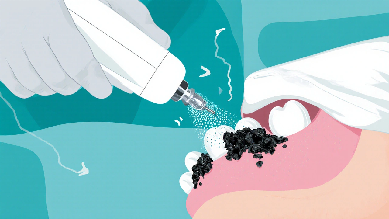 Zubař odstraňuje černý zubní kámen ultrazvukovým přístrojem.