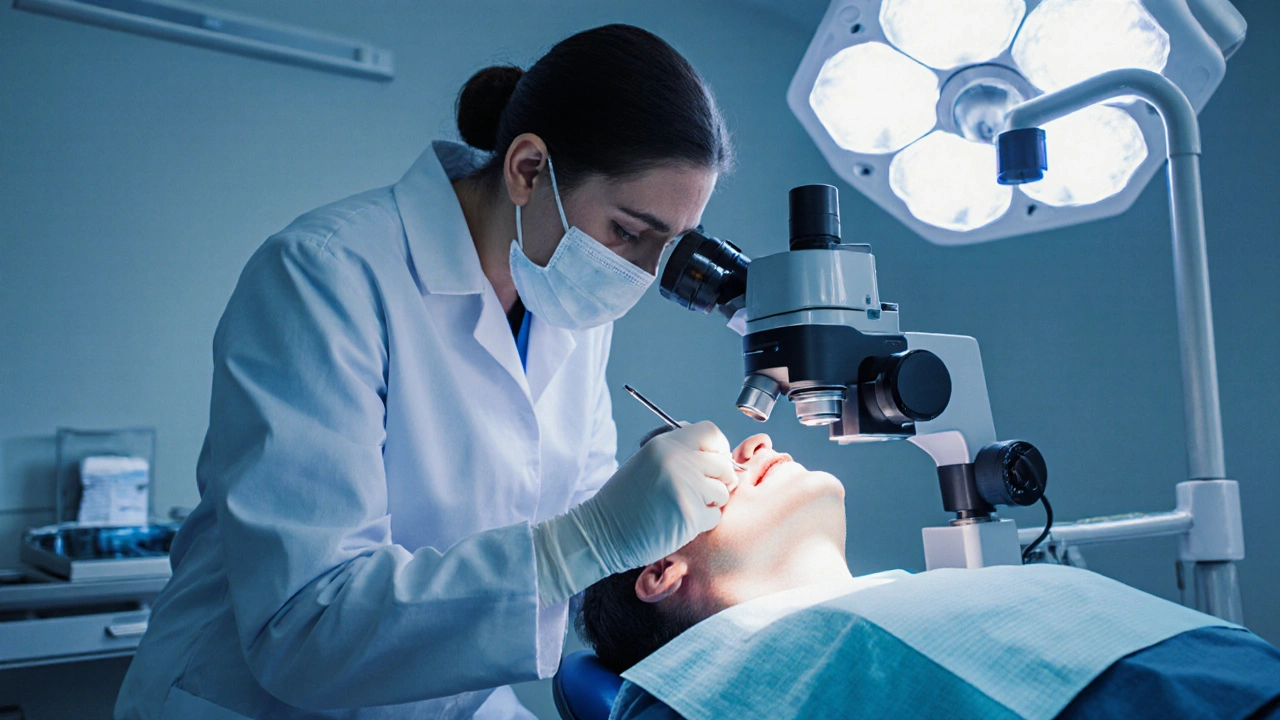 Zubař pod mikroskopem provádí kyretáž kořenového kanálku na pacientovi.