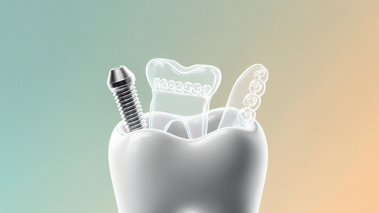 Zubní socket vyzařuje tři siluety: implantát, most a částečná protéza.
