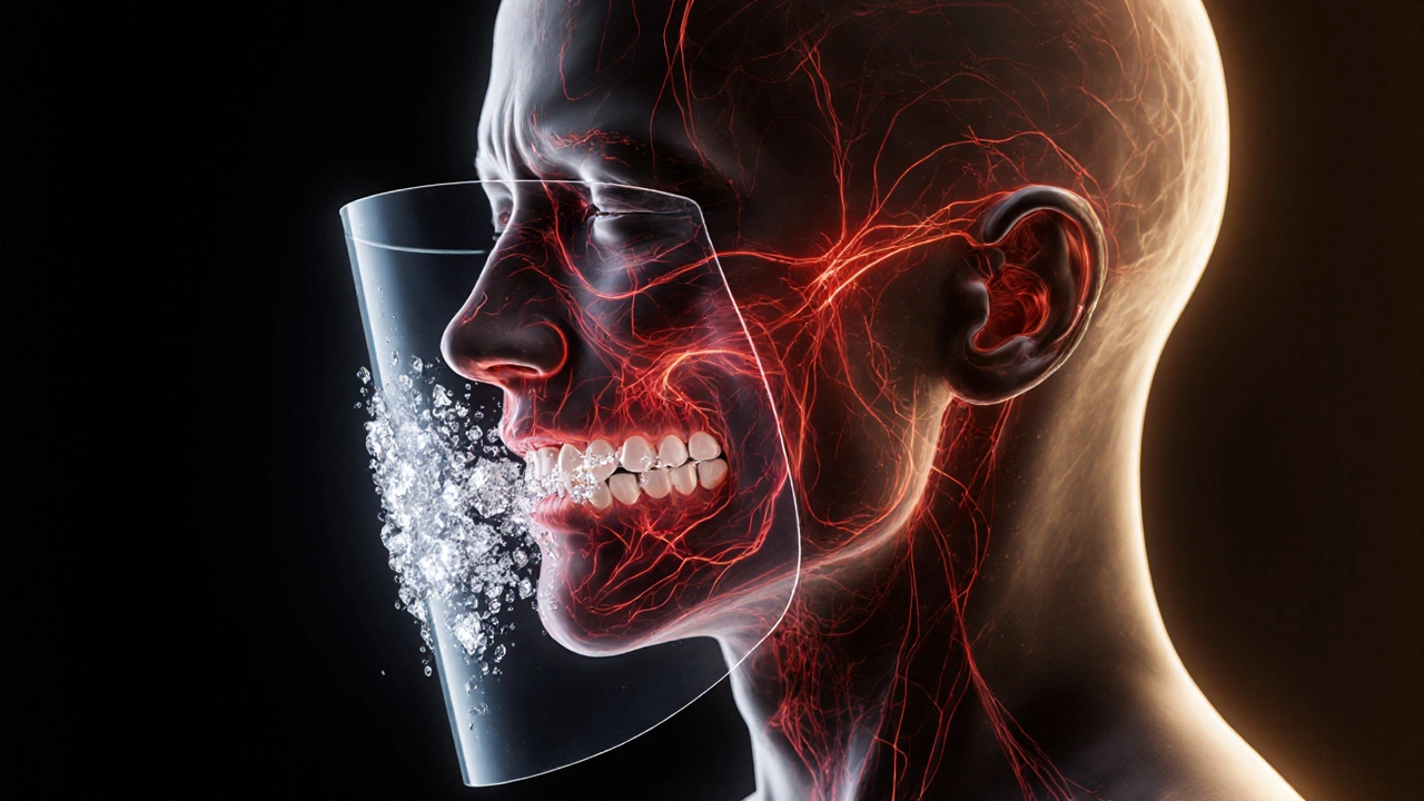 Abstraktní znázornění bolestivých nervových signálů z předních zubů s ochrannými prvky.