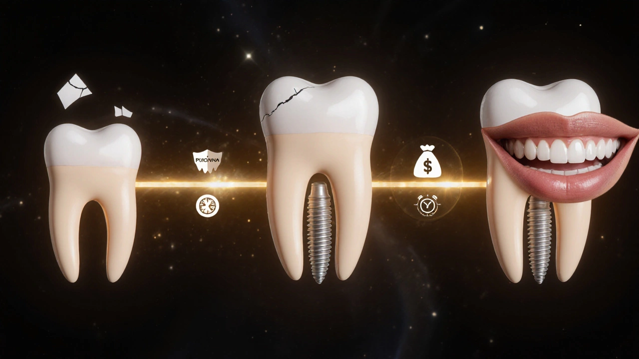 Časová osa přechodu od ulomeného zubu k implantátu a zdravému úsměvu.