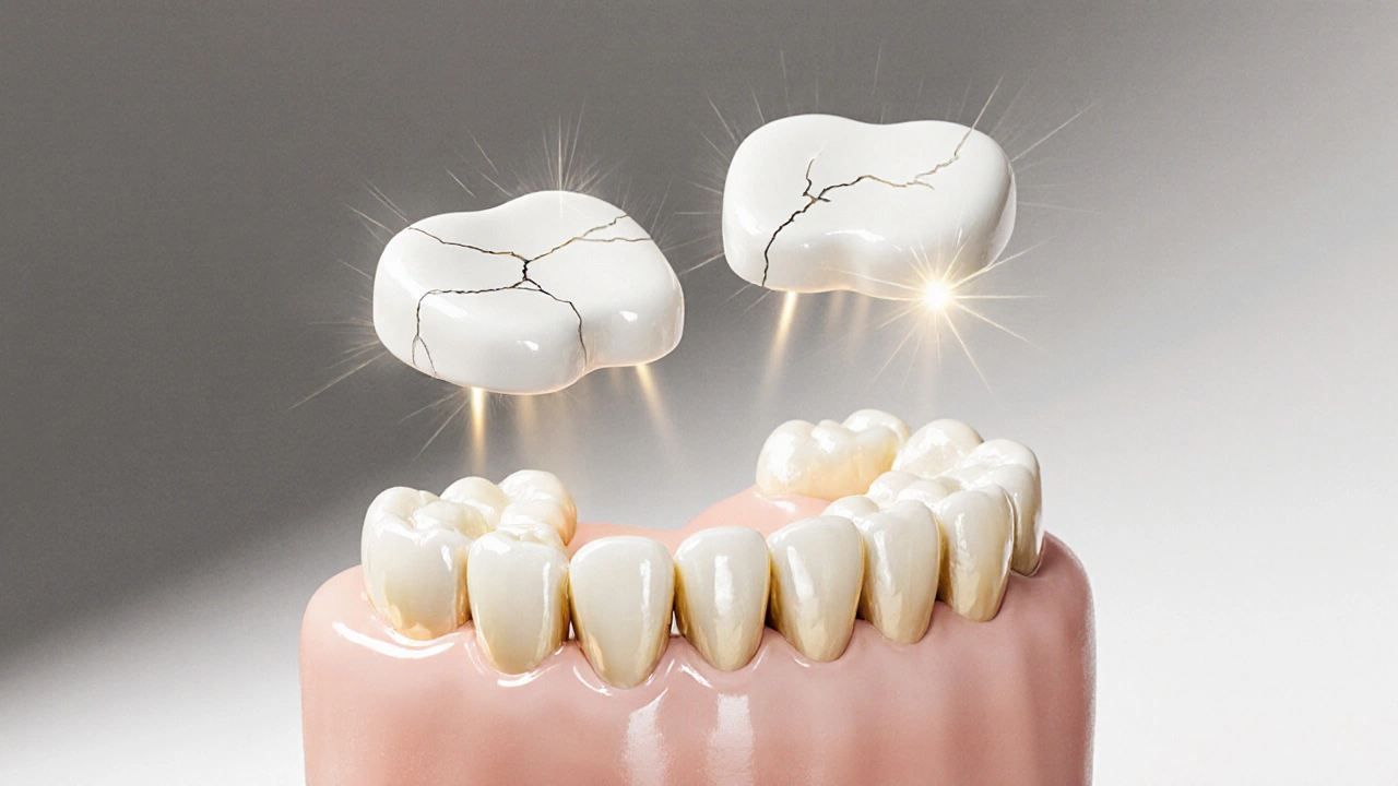Ceramic veneers floating above teeth, symbolizing aesthetic transformation.