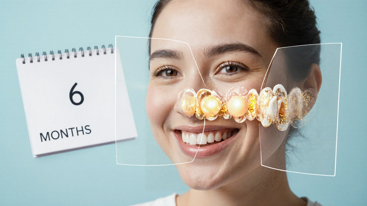 Člověk se usmívá po čištění zubů, s transparentním zobrazením procesu odstranění kamene.