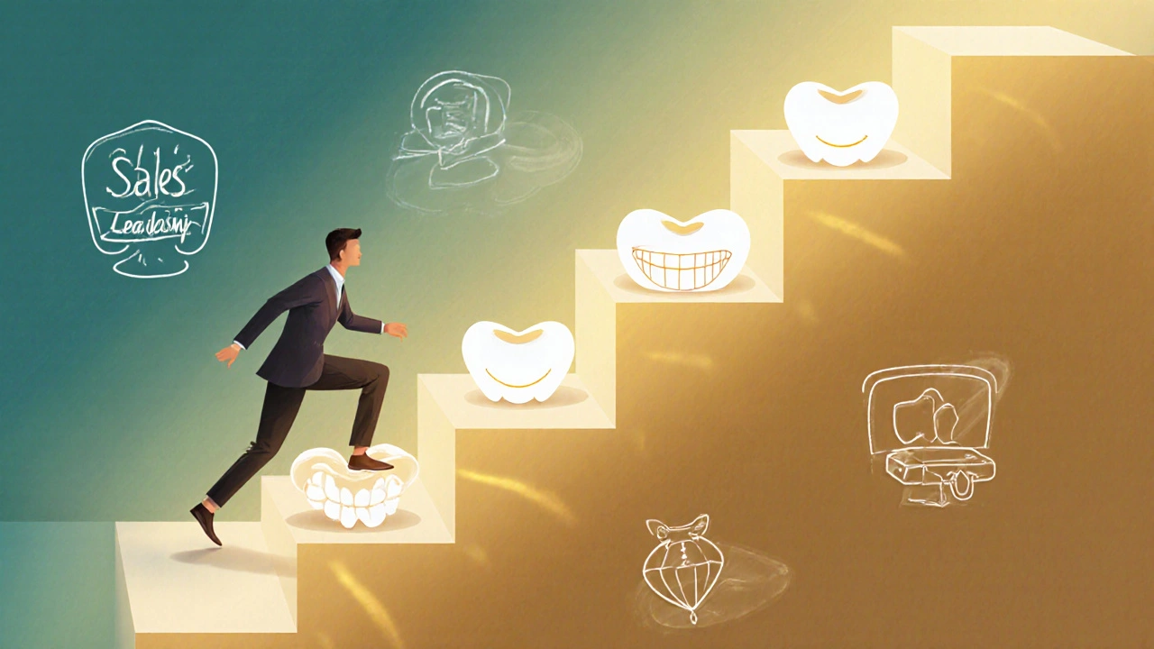 Člověk stoupá po schodech z úsměvů, symbolizujících kariérní růst díky sebevědomí.