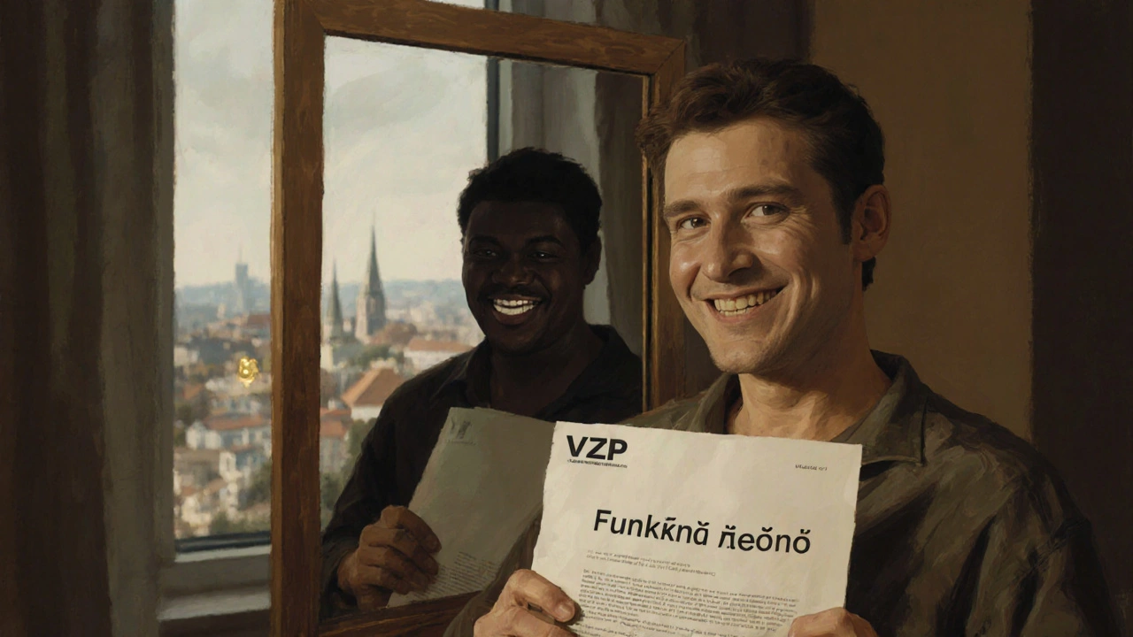 Dospělý muž se dívá do zrcadla, kde vidí základní protézu, zatímco za ním se objevuje stín dokonalého úsměvu.