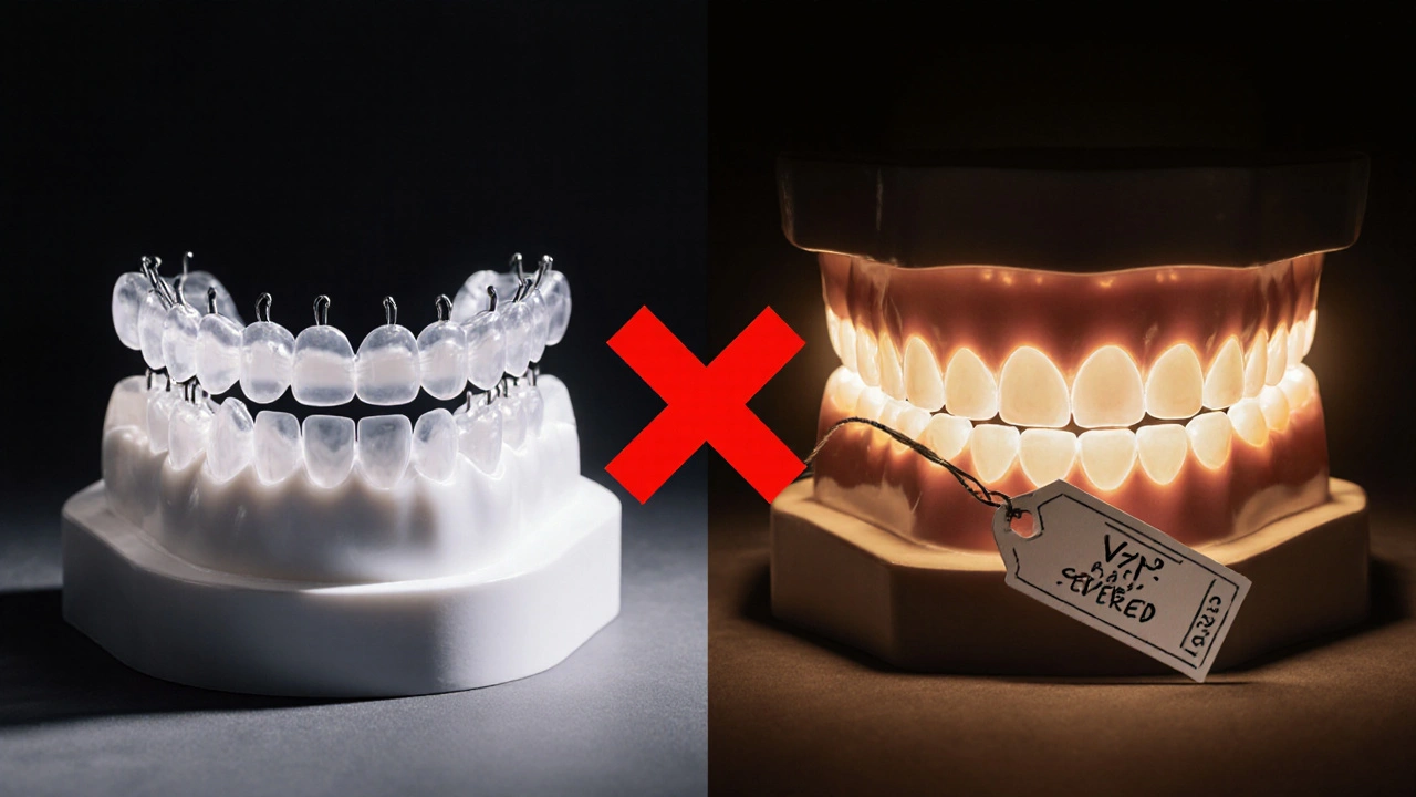 Dva typy zubních náhrad: funkční protéza a estetické fazety, oddělené symbolickým křížem.