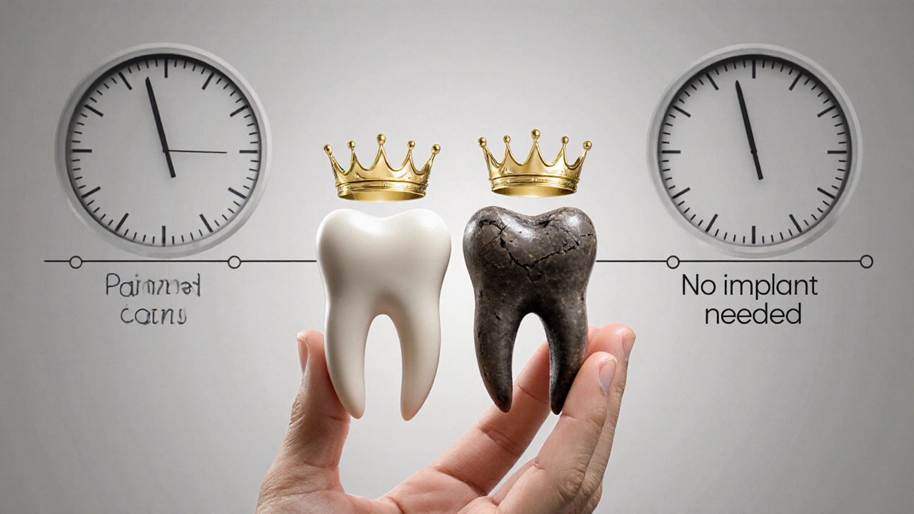 Healthy tooth next to a damaged one, with a crown placed to preserve it.