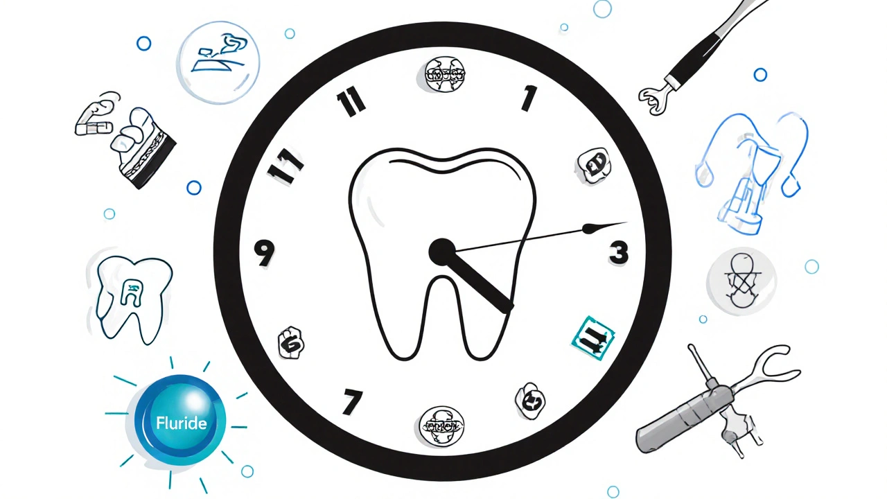 Hodiny s zuby namísto čísel ukazují doporučený interval pro hygienickou návštěvu.