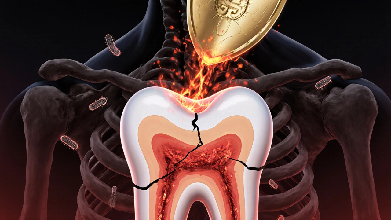 Illustrated tooth with internal infection being contained by a protective shield.