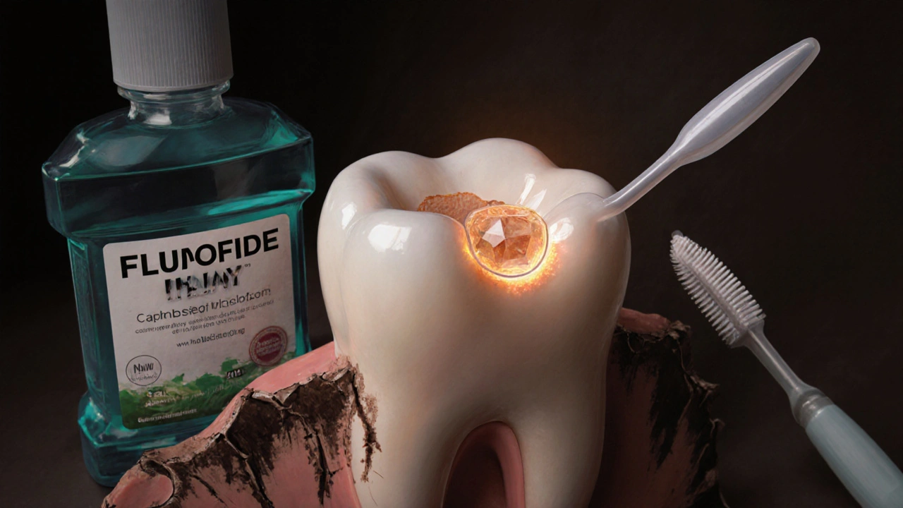 Kompozitní inlay v zubu s ochrannými prvky a znaky rozkladu z špatné péče.