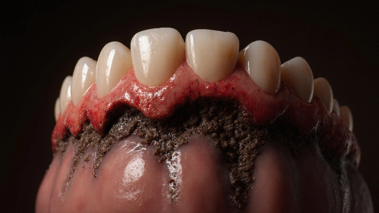 Krvácivé dásně a odhalené kořeny zubů při stárnutí.