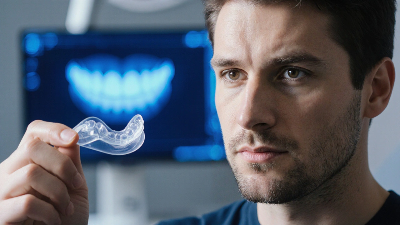 Muž v klinice sleduje na obrazovce 3D převod svých zubů do správné polohy.