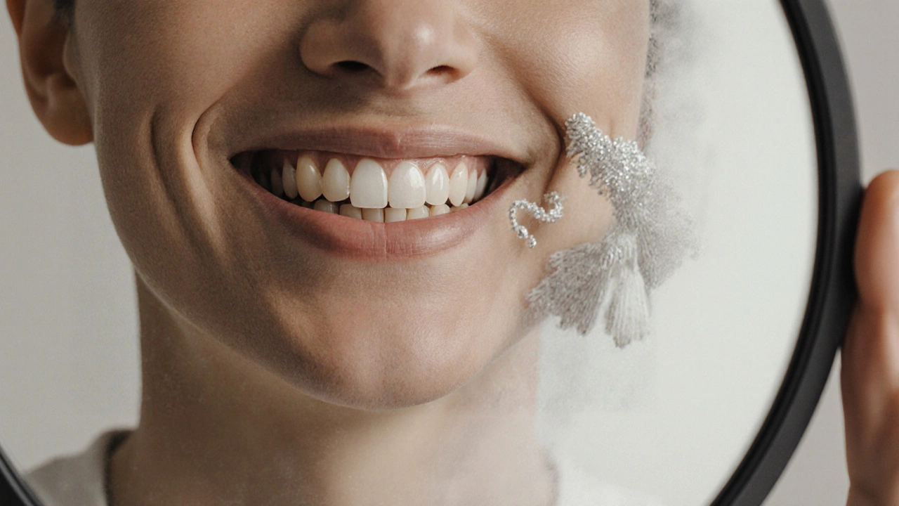 Osoba se směje do zrcadla s čistými zuby, za ní stín kameně