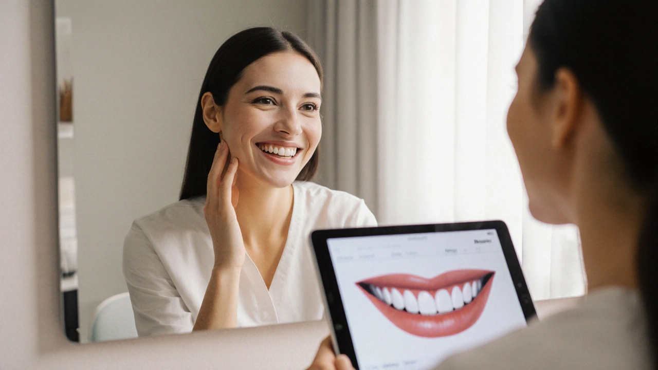 Patient admiring their new smile in a mirror with digital before-and-after simulation.
