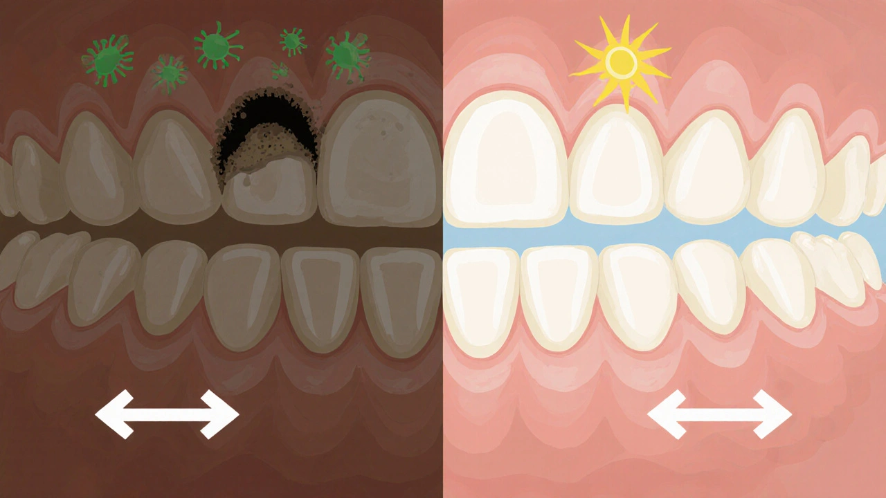 Porovnání poškozeného zubu a jeho obnovy kompozitní inlay.