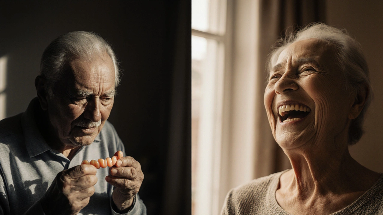 Porovnání před a po: starší pacient s vyjmoutelnou protézou a stejný pacient s fixní náhradou.