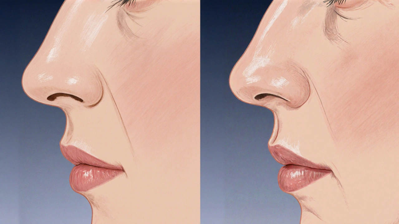 Porovnání profilu pacienta před a po maxilofaciální chirurgii – vyvážená čelist a přirozený výraz.