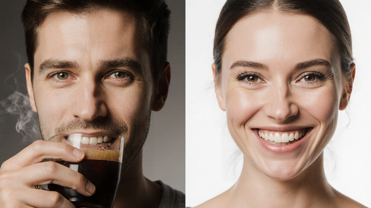 Porovnání tmavých a bělších zubů před a po bělení.