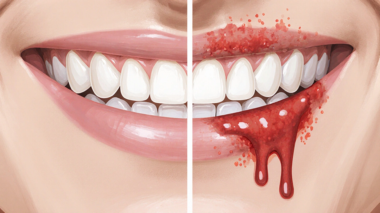 Porovnání zdravých a zánětlivých dásní s viditelným zubním kamenem.
