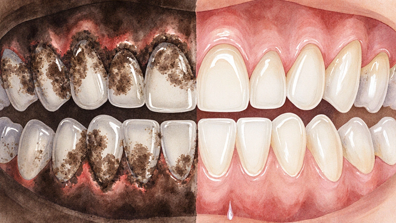 Porovnání zubů s zubním kamenem a po čištění – zdravé zuby vs. zánětlivé nánosy.