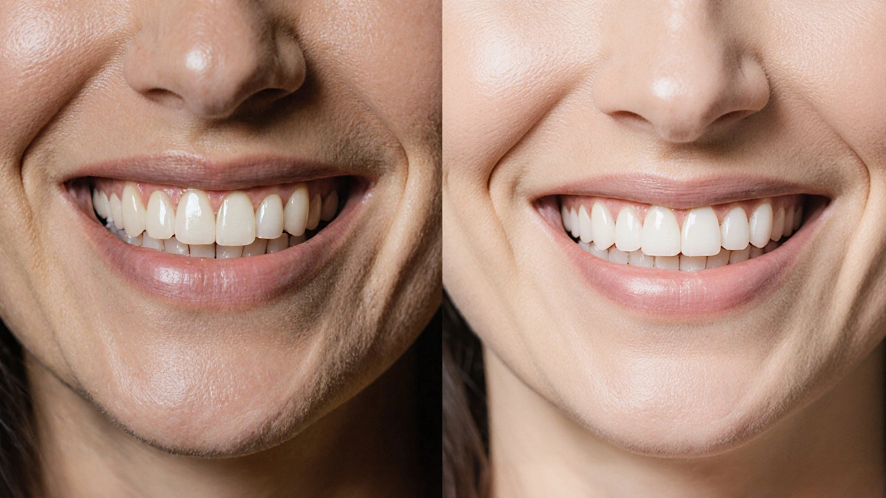 Před a po transformaci úsměvu: zbarvené a poškozené zuby vs. zářivé keramické fazety.