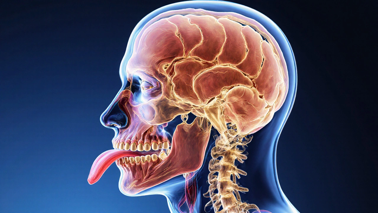 Přehled anatomie hlavy s vyznačeným správným dýcháním nosem a polohou jazyka.