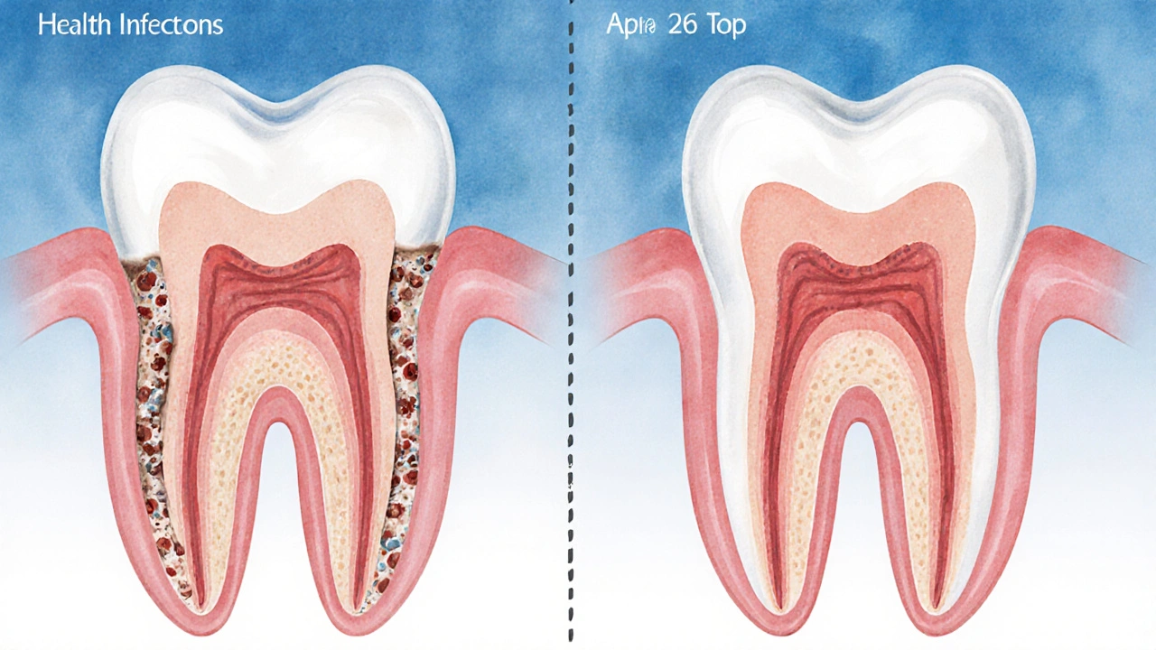 Přehled zubního kořene s obnovenou dásní a odstraněným zubním kamenem.