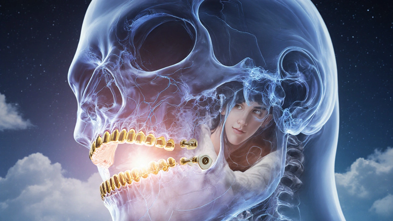 Průhledná hlava s kostní strukturou a titanovými fixačními deskami, symbolizující obnovu dýchání a funkce.