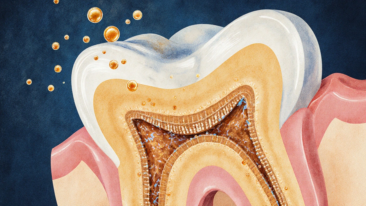 Průřez zubu s bakteriemi, které produkují kyselinu a rozkládají minerály.