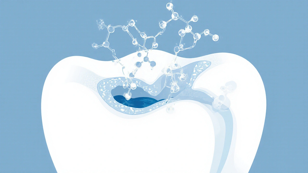 Průřez zubu ukazující, jak peroxid vodíku rozkládá pigmenty ve sklovině.