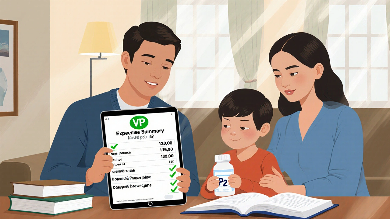 Rodina si prohlíží výdaje na léky pro dítě s označením bez limitu.
