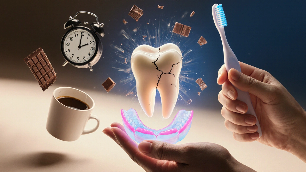 Rozštěpený přední zub s předměty, které ho poškozují, a ochrannými nástroji pro léčbu.